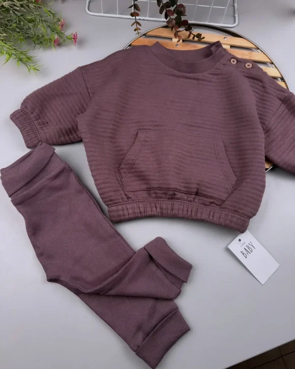 Unisex Plum Quilted Sweatshirt and Leggings Set – Cozy 2-Piece Outfit for Babies and Toddlers - Image 2