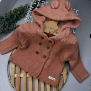 Homegrown Dusty Pink Organic Cotton Knit Cardigan – Hooded with Bear Ears (Newborn–12 Months)