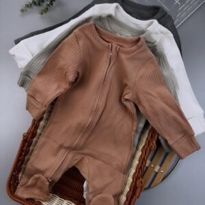 Neutral Ribbed Double Zipper Sleepsuits – 4-Pack Cotton Baby Sleepwear with Double Zippers