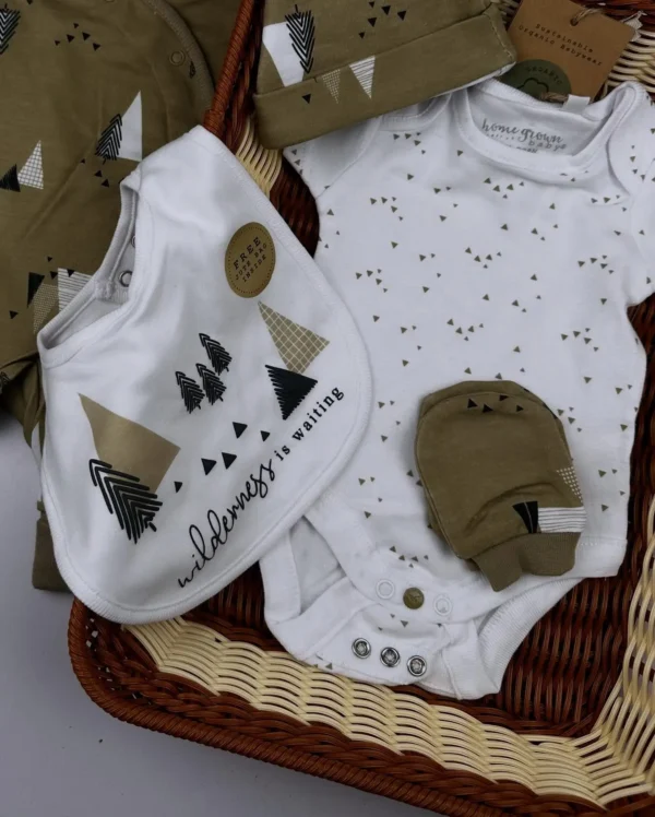 Homegrown Organic Cotton 5-Piece Baby Receiving Set – Khaki Wilderness Print (Newborn to 6 Months) - Image 2