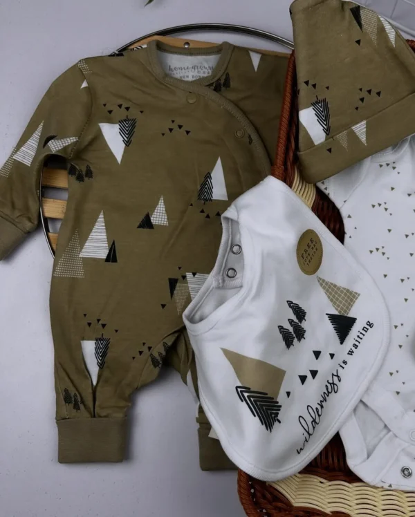 Homegrown Organic Cotton 5-Piece Baby Receiving Set – Khaki Wilderness Print (Newborn to 6 Months) - Image 4