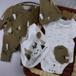Homegrown Organic Cotton 5-Piece Baby Receiving Set – Khaki Wilderness Print (Newborn to 6 Months)