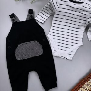Black Pocket Dungarees and Striped Bodysuit Outfit