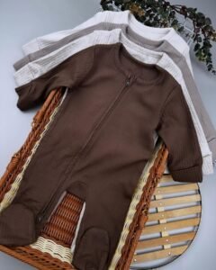 Neutral Ribbed Double Zipper Sleepsuits – 4-Pack Cotton Baby Sleepwear with Double Zippers