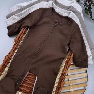 Neutral Ribbed Double Zipper Sleepsuits – 4-Pack Cotton Baby Sleepwear with Double Zippers