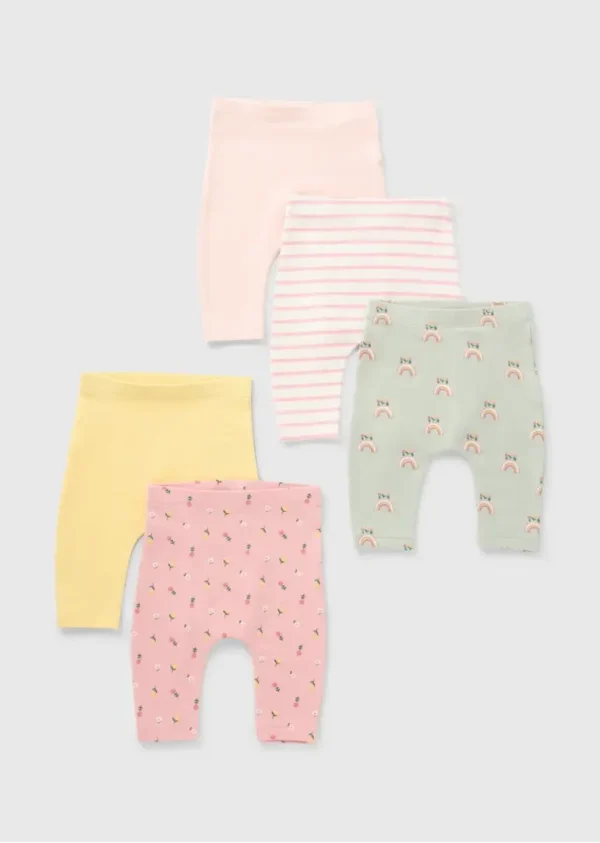 Baby Girl Multicolour Leggings – 5-Pack Floral, Rainbow & Stripe Print with Soft Stretch Waist - Image 2