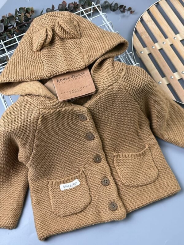 Brown Organic Cotton Double Knit Wrap Hooded Baby Cardigan