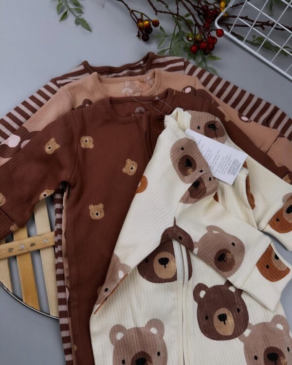 Tan Brown Bear Baby Zipped Sleepsuits - Image 2