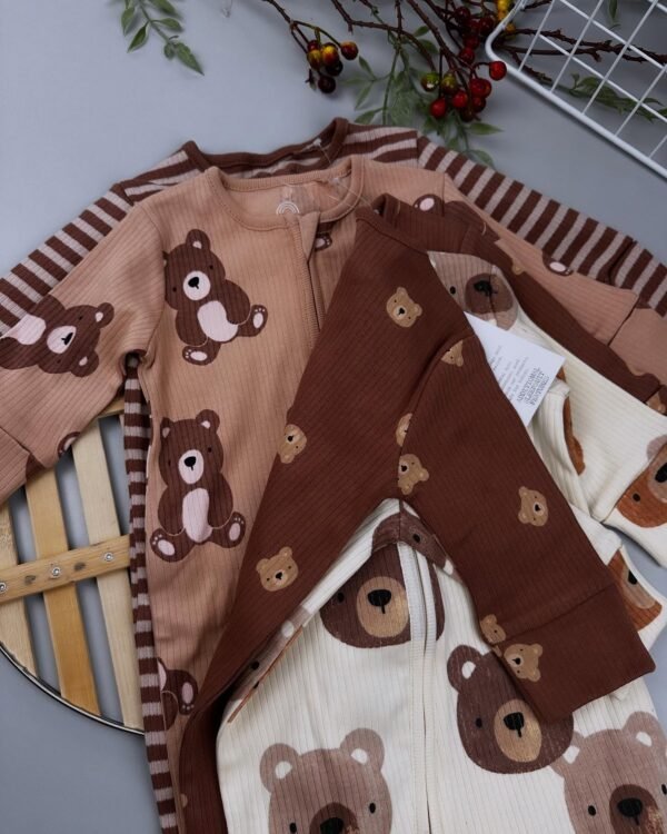 Tan Brown Bear Baby Zipped Sleepsuits - Image 5