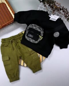 Black/Green Utility Bumbag Crew Neck Sweatshirt and Joggers Set: