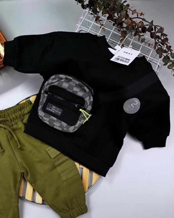 Black/Green Utility Bumbag Crew Neck Sweatshirt and Joggers Set: - Image 2