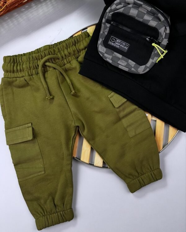 Black/Green Utility Bumbag Crew Neck Sweatshirt and Joggers Set: - Image 3