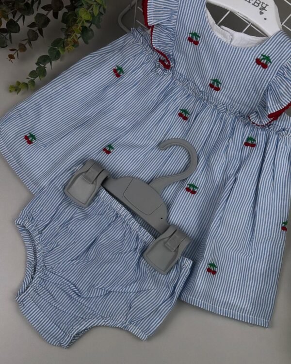 Baby Girl Blue Cherry Dress & Knicker Set - Image 2