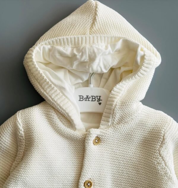 Baby Cream Knitted Cardigan – Jersey Lined Hooded Cotton Layer for Chilly Days - Image 2