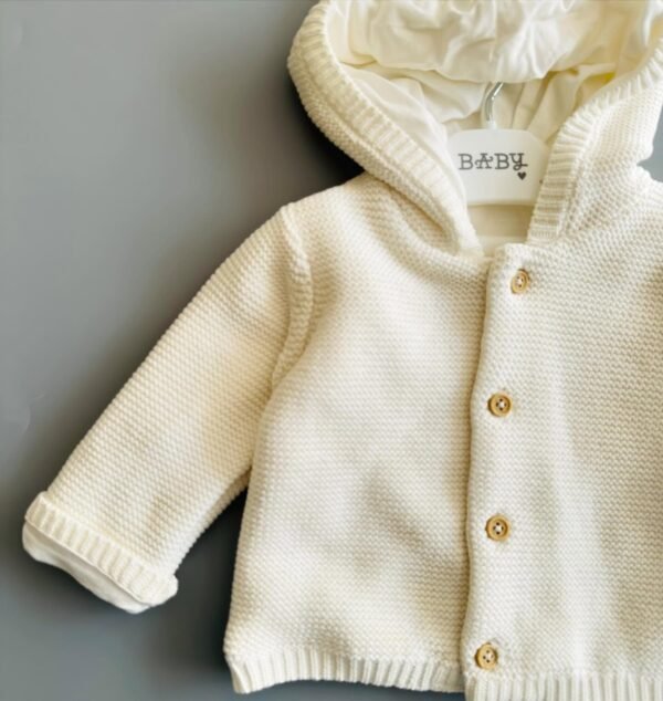 Baby Cream Knitted Cardigan – Jersey Lined Hooded Cotton Layer for Chilly Days - Image 3