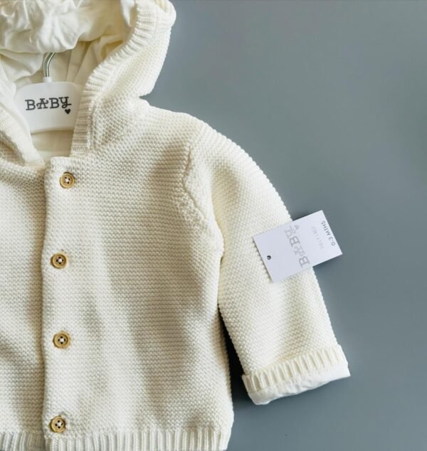 Baby Cream Knitted Cardigan – Jersey Lined Hooded Cotton Layer for Chilly Days - Image 4