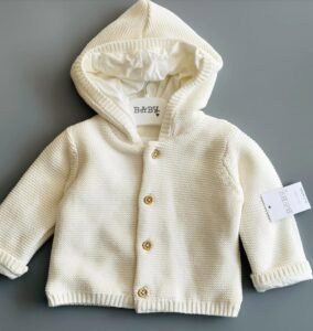 Baby Cream Knitted Cardigan – Jersey Lined Hooded Cotton Layer for Chilly Days
