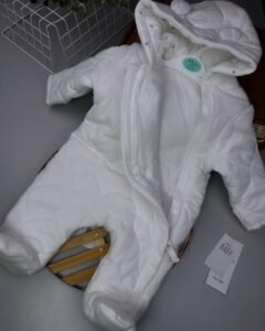 White Quilted Baby Romper – Heavy Cotton Hooded Outerwear with 3D Ears (0–6M)