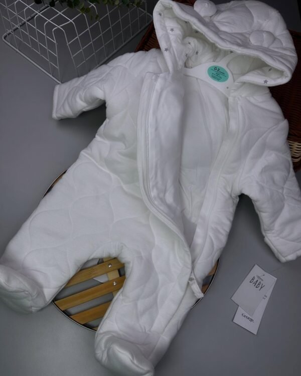 White Quilted Baby Romper – Heavy Cotton Hooded Outerwear with 3D Ears (0–6M)