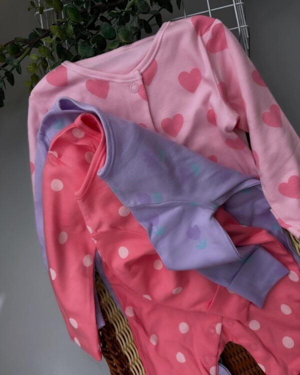 Baby Girl Tulip Heart Sleepsuits 3 Pack – Cotton Footed Sleepwear with Scratch Mitts - Image 3