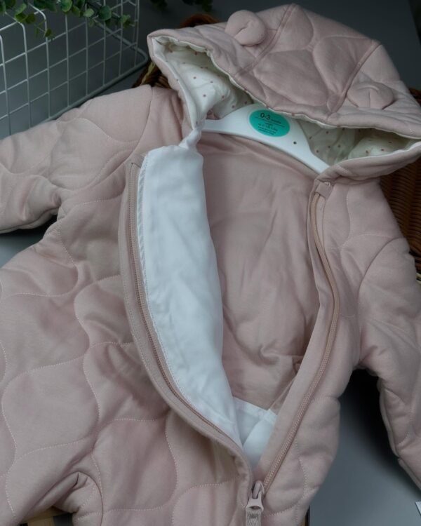 Pink Quilted Baby Pramsuit – Hooded Cotton Outerwear with 3D Ears (0–6M) - Image 2