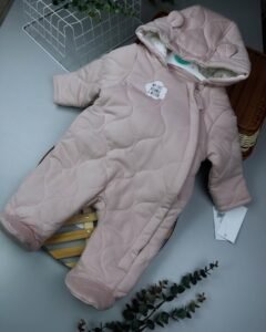 Pink Quilted Baby Pramsuit – Hooded Cotton Outerwear with 3D Ears (0–6M)