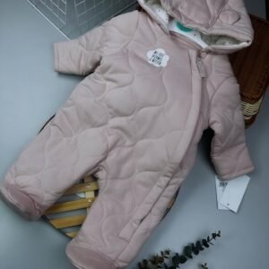 Pink Quilted Baby Pramsuit – Hooded Cotton Outerwear with 3D Ears (0–6M)