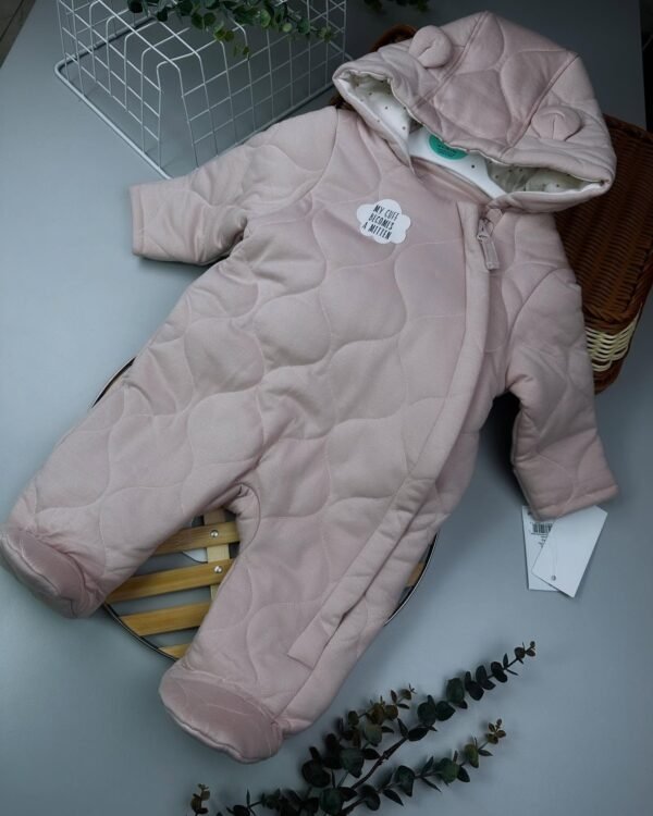 Pink Quilted Baby Pramsuit – Hooded Cotton Outerwear with 3D Ears (0–6M)