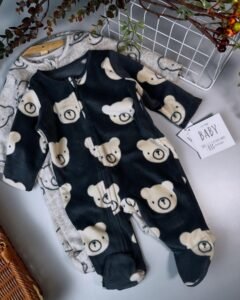 Bear Fleece Sleepsuits 2 Pack – Soft Zip-Up Baby Sleepwear with Grip Soles