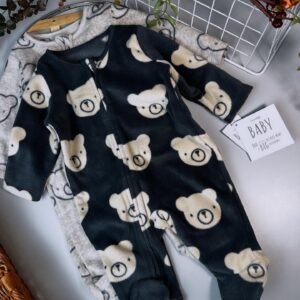 Bear Fleece Sleepsuits 2 Pack – Soft Zip-Up Baby Sleepwear with Grip Soles