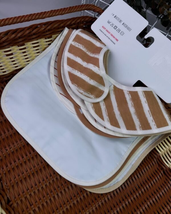 Tan Striped Baby Bibs 5 Pack – Easy-Fasten Feeding Bibs with Wipeable Back - Image 2