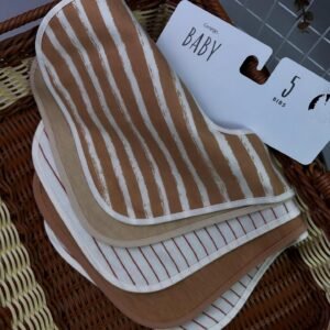 Tan Striped Baby Bibs 5 Pack – Easy-Fasten Feeding Bibs with Wipeable Back