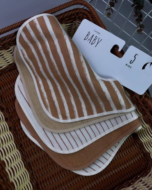 Tan Striped Baby Bibs 5 Pack – Easy-Fasten Feeding Bibs with Wipeable Back
