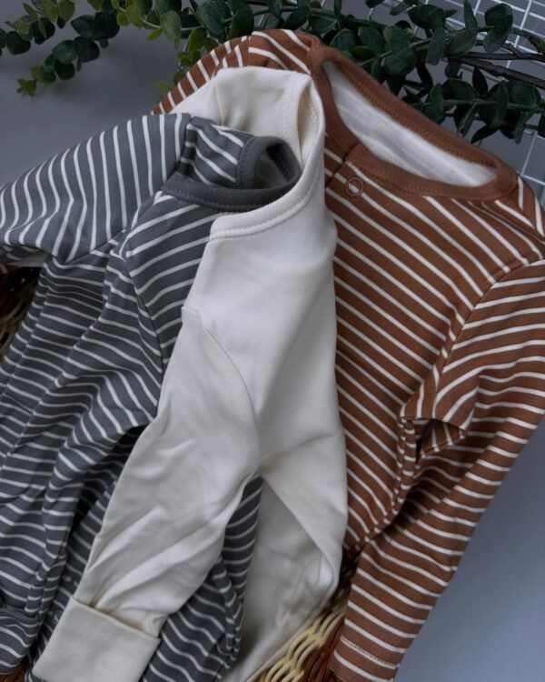 Neutral Striped Baby Sleepsuits 3 Pack – 100% Cotton No-Zip Sleepwear (0–24M) - Image 4