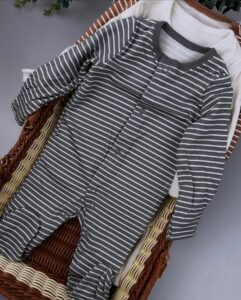 Neutral Striped Baby Sleepsuits 3 Pack – 100% Cotton No-Zip Sleepwear (0–24M)