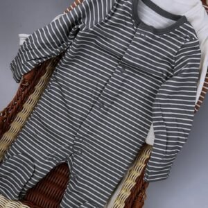 Neutral Striped Baby Sleepsuits 3 Pack – 100% Cotton No-Zip Sleepwear (0–24M)