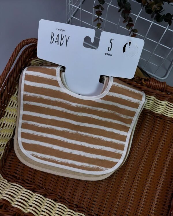 Tan Striped Baby Bibs 5 Pack – Easy-Fasten Feeding Bibs with Wipeable Back - Image 4