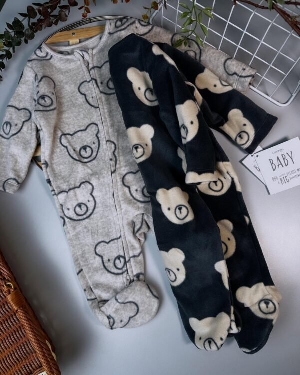 Bear Fleece Sleepsuits 2 Pack – Soft Zip-Up Baby Sleepwear with Grip Soles - Image 2