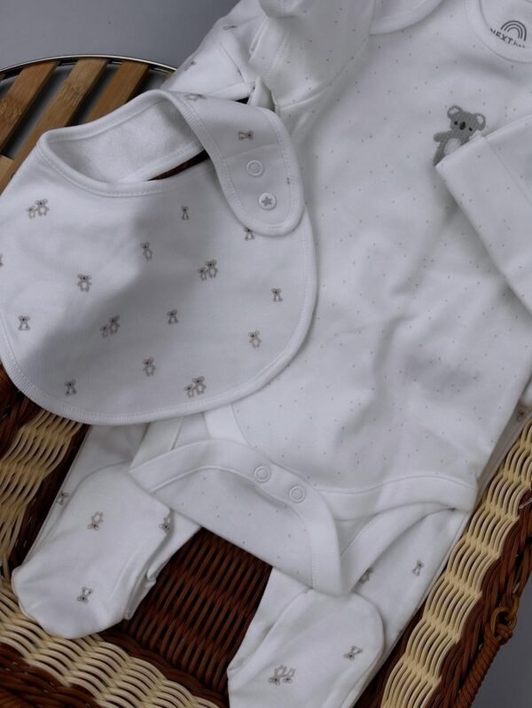 White Baby Sleepsuit, Bodysuit, Beanie & Bib Set – 100% Cotton - Image 2