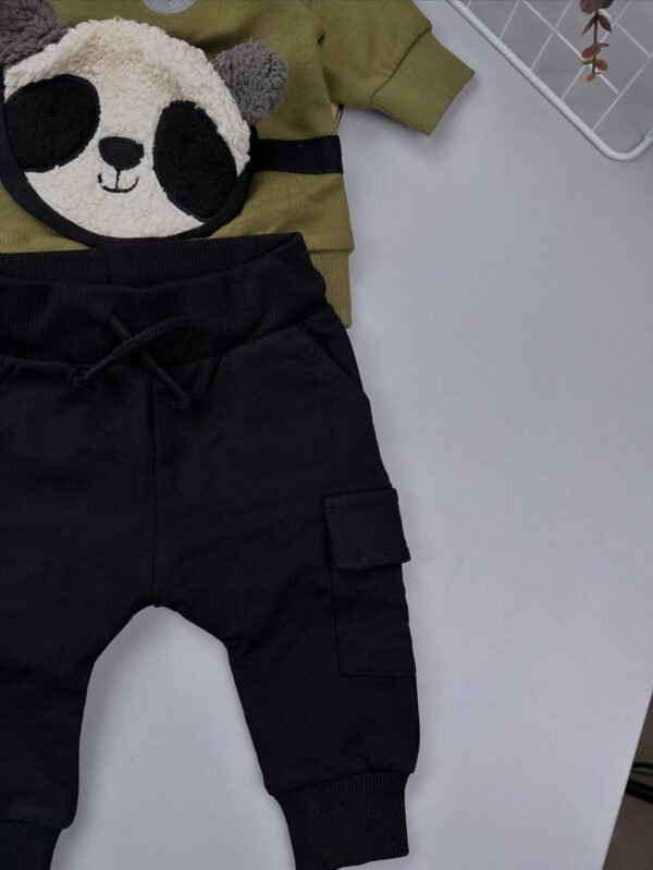 Khaki Green Panda Baby Sweatshirt & Joggers Set – 100% Cotton - Image 2