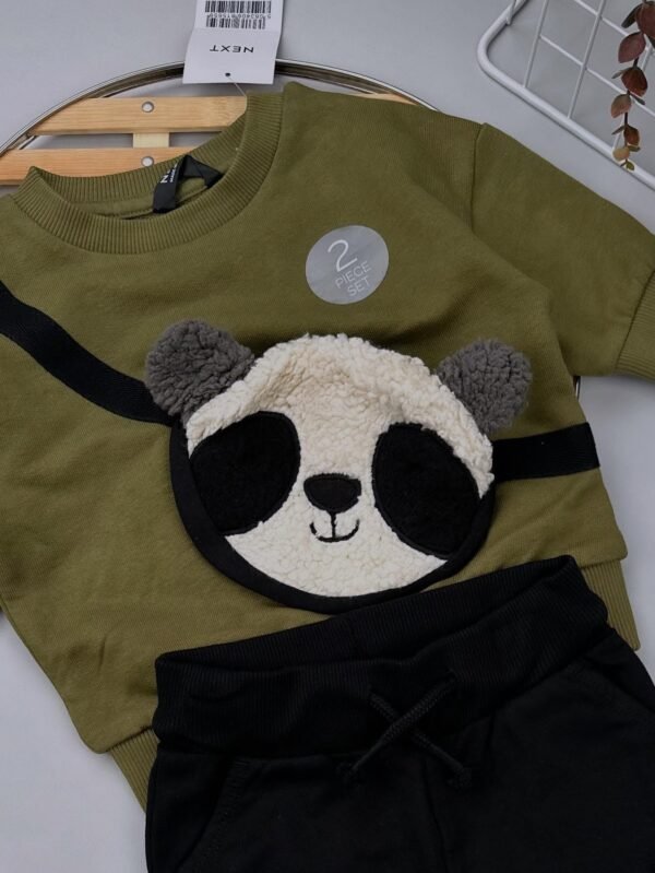 Khaki Green Panda Baby Sweatshirt & Joggers Set – 100% Cotton - Image 3