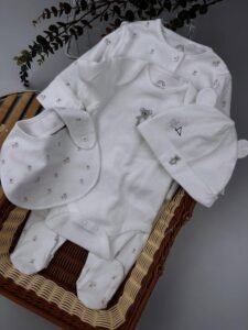 White Baby Sleepsuit, Bodysuit, Beanie & Bib Set – 100% Cotton