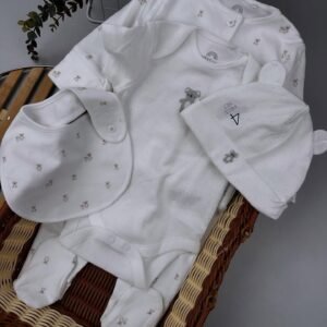 White Baby Sleepsuit, Bodysuit, Beanie & Bib Set – 100% Cotton