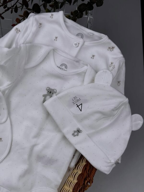 White Baby Sleepsuit, Bodysuit, Beanie & Bib Set – 100% Cotton - Image 3