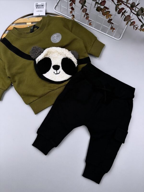 Khaki Green Panda Baby Sweatshirt & Joggers Set – 100% Cotton - Image 4