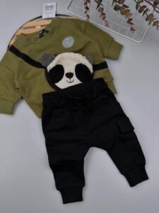 Khaki Green Panda Baby Sweatshirt & Joggers Set – 100% Cotton
