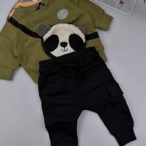 Khaki Green Panda Baby Sweatshirt & Joggers Set – 100% Cotton