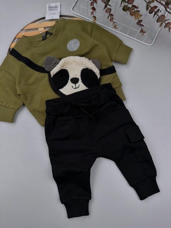 Khaki Green Panda Baby Sweatshirt & Joggers Set – 100% Cotton