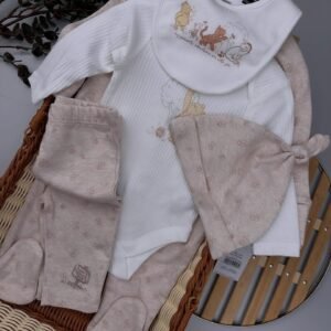 White Baby Sleepsuit, Bodysuit, Pant, Beanie & Bib Set – 100% Cotton