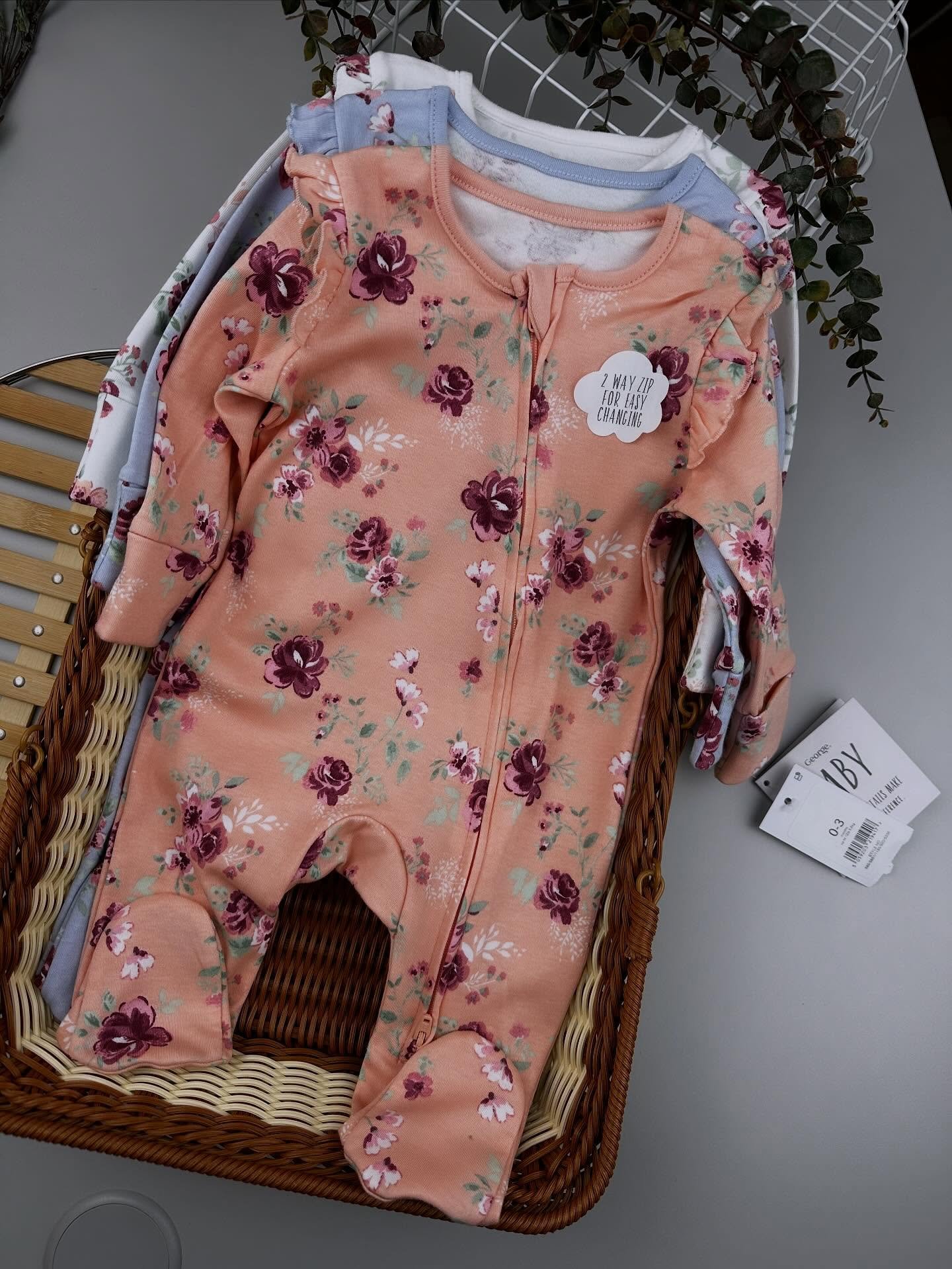 George Floral Frill Shoulder Zip Fasten Sleepsuits 3 Pack - Image 2